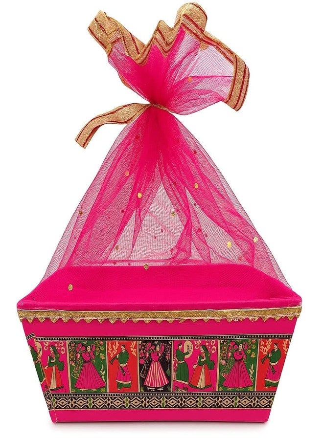 Scissors Craft Traditional Decorative Gift Basket with Golden Net | Ethnic Red-Green Print | Multipurpose Basket for Rakhi, Weddings & Festive Gifting (Royal fock Ethinic, 10) - Image 1